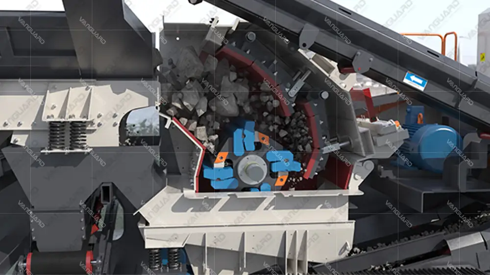 Impact crusher rotor, blow bars and impact plates