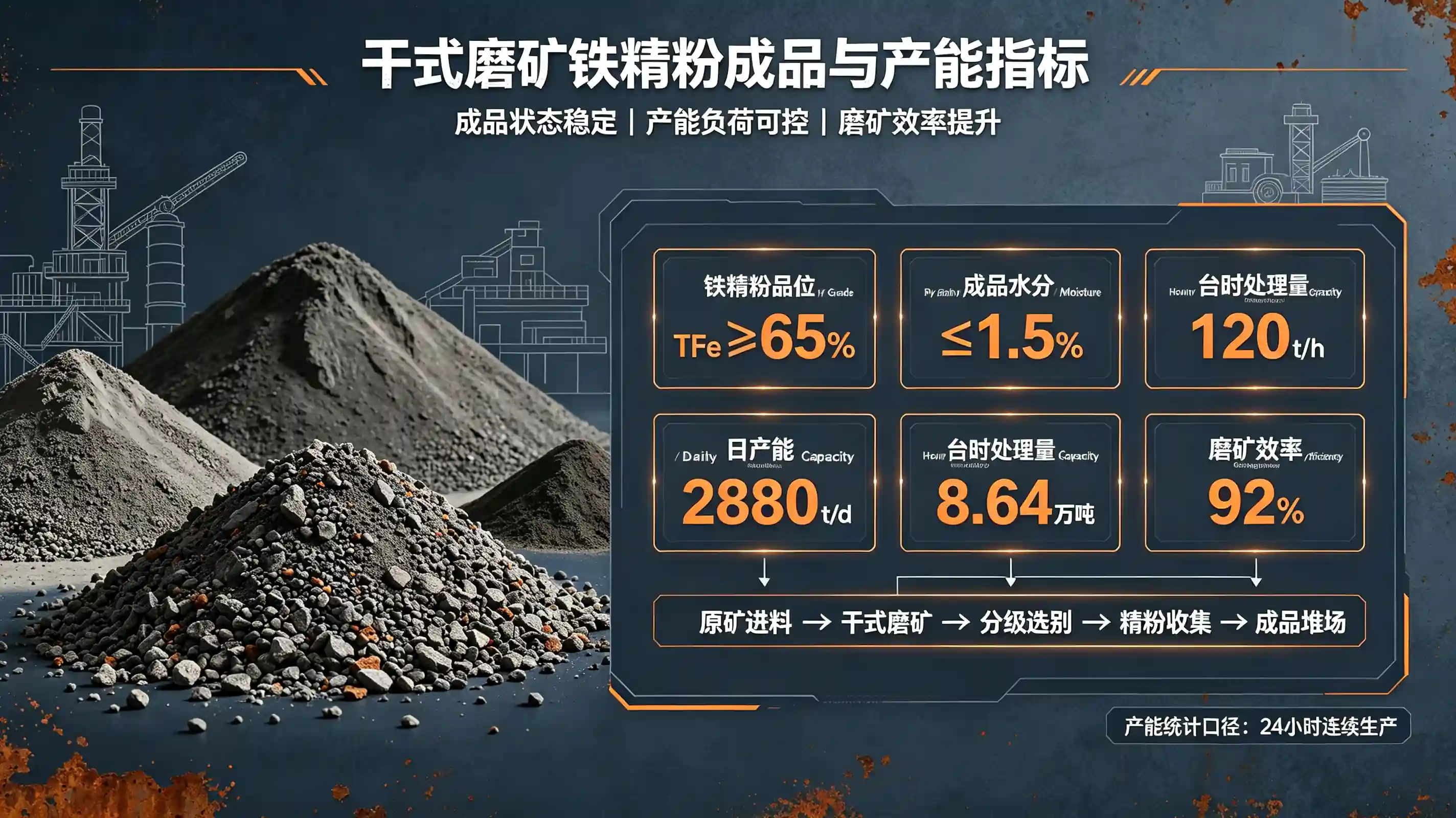 Dry-ground iron concentrate product and output metrics